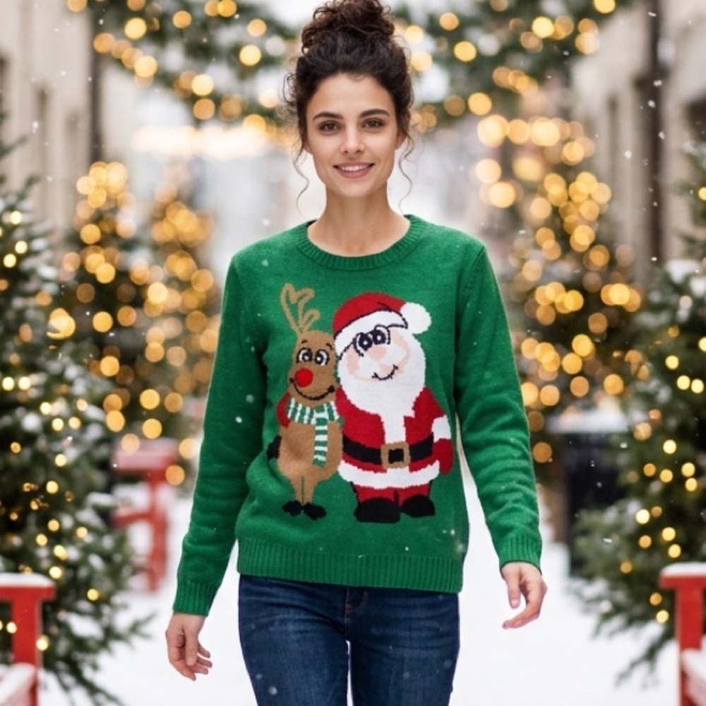 NWT Carolyn Taylor Women’s Green Christmas Holiday Sweater Santa & Reindeer - XL